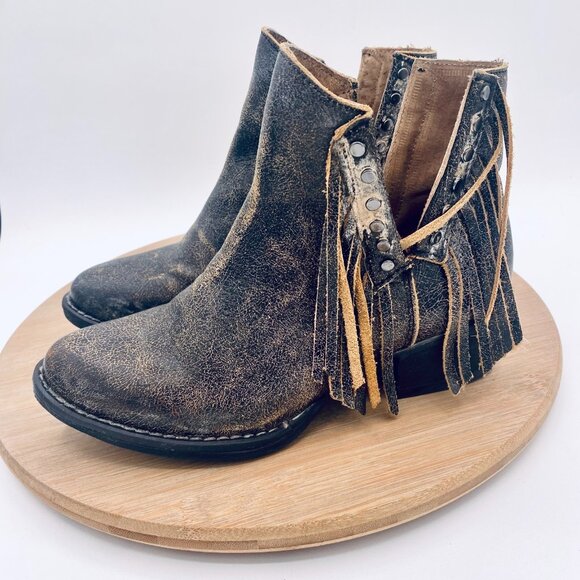 Circle G Boots Womens 6 Beige Leather Pull On Ankle Fringe Western Studded - Picture 6 of 11